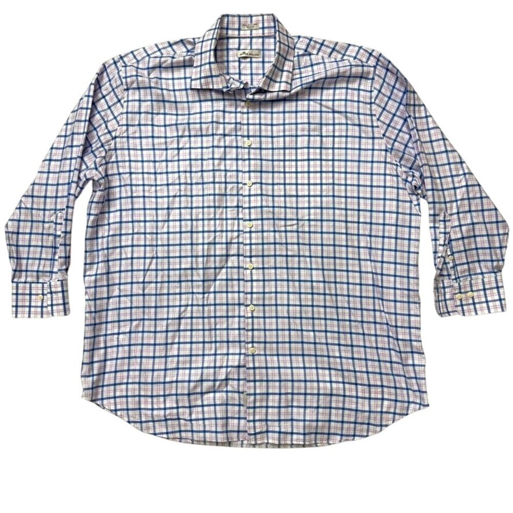 Peter Millar Mens 2XL Blue Pink Plaid Dress Shirt Long Sleeve Crown Crafted